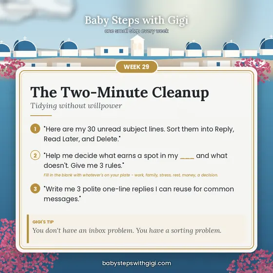 Week 29 prompt card: The Two-Minute Cleanup
