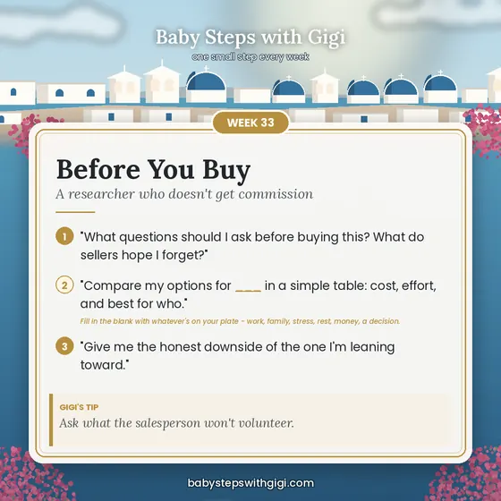 Week 33 prompt card: Before You Buy