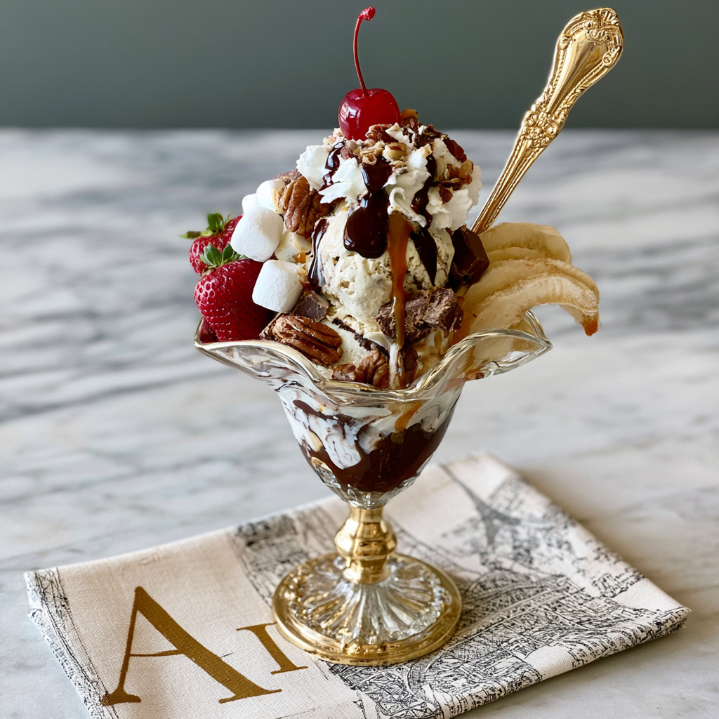 A fully loaded ice cream sundae with hot fudge, caramel, whipped cream, marshmallows, pecans, strawberries, and banana, topped with a cherry — a real Context Sundae