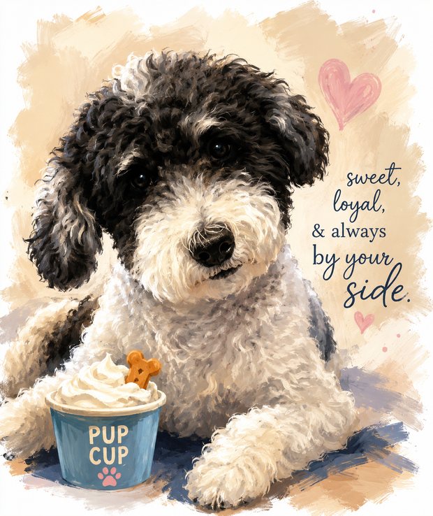 Doc, Gigi's sweet black-and-white café pup, with his pup cup