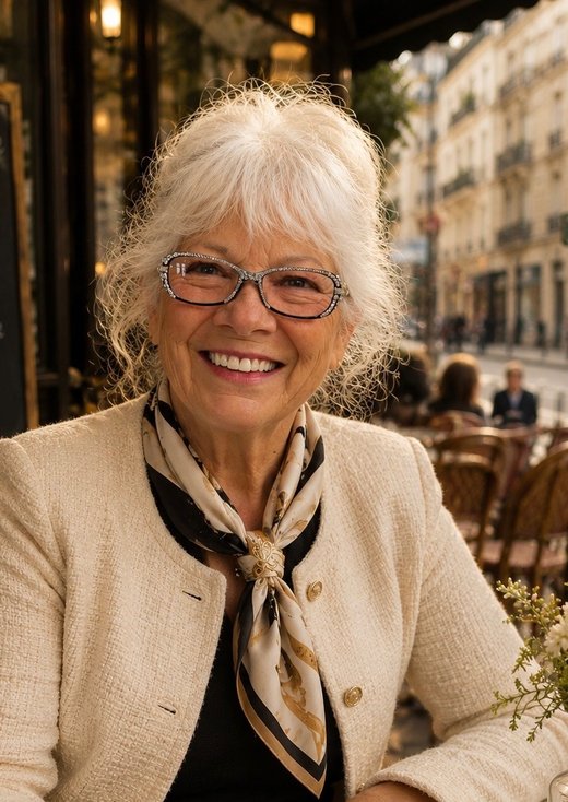 Gigi smiling at a Paris café, wearing a cream jacket and a gold-and-black scarf
