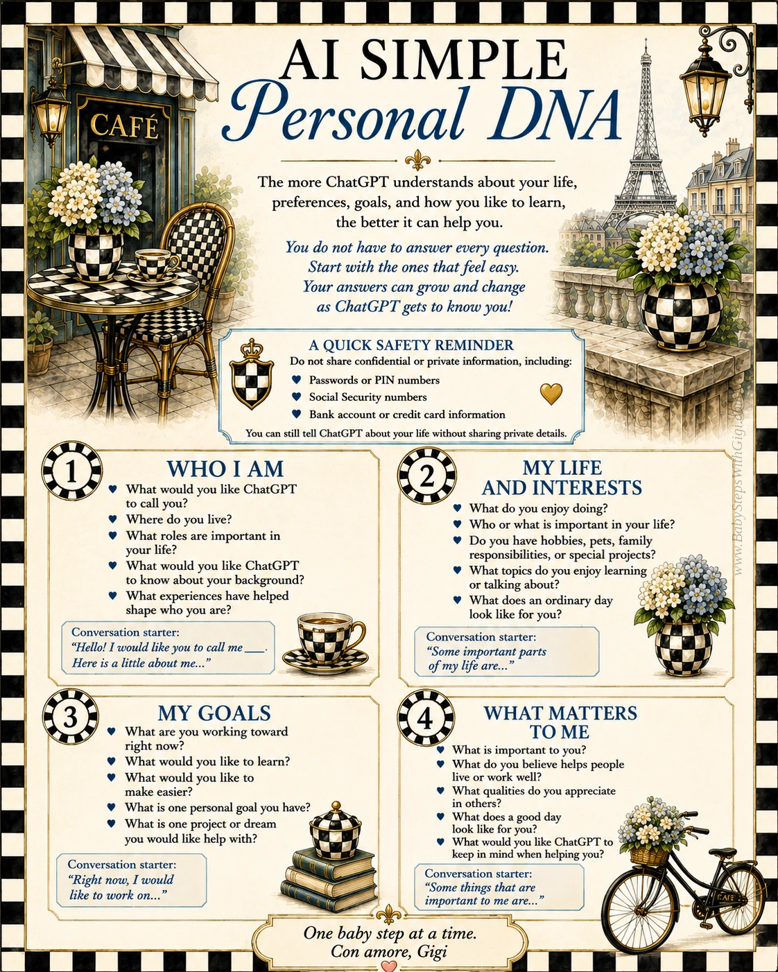 AI Simple Personal DNA worksheet, page 1: Who I Am, My Life and Interests, My Goals, and What Matters to Me.