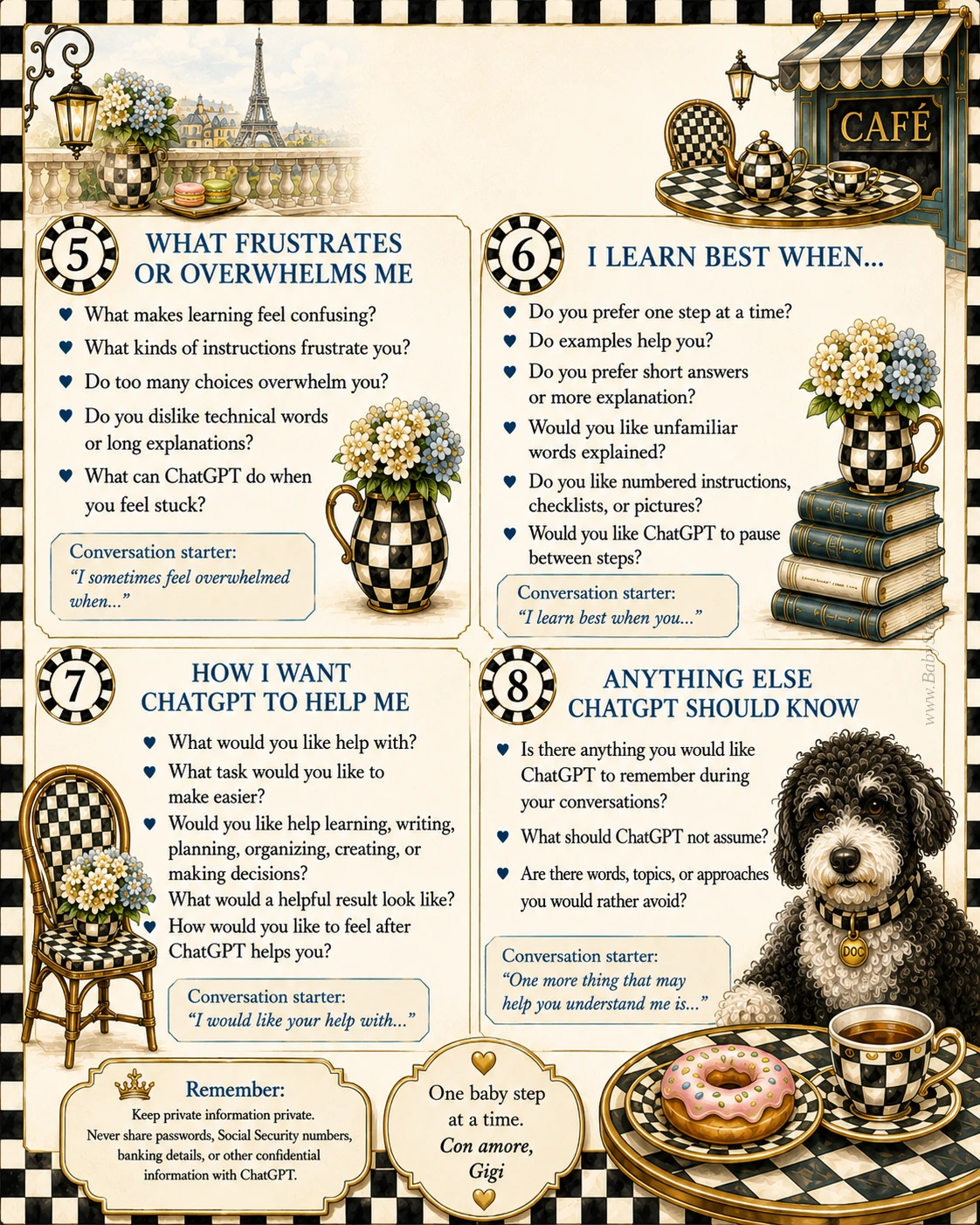 AI Simple Personal DNA worksheet, page 2: What Frustrates or Overwhelms Me, I Learn Best When, How I Want ChatGPT to Help Me, and Anything Else ChatGPT Should Know.